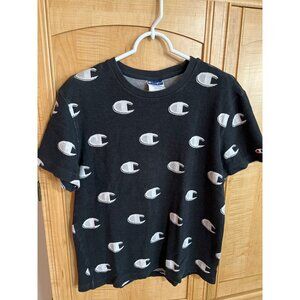 Champion Black Crewneck T-Shirt With Allover Logo Print Medium